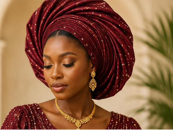 Woman wearing an elegant maroon gele with gold jewelry