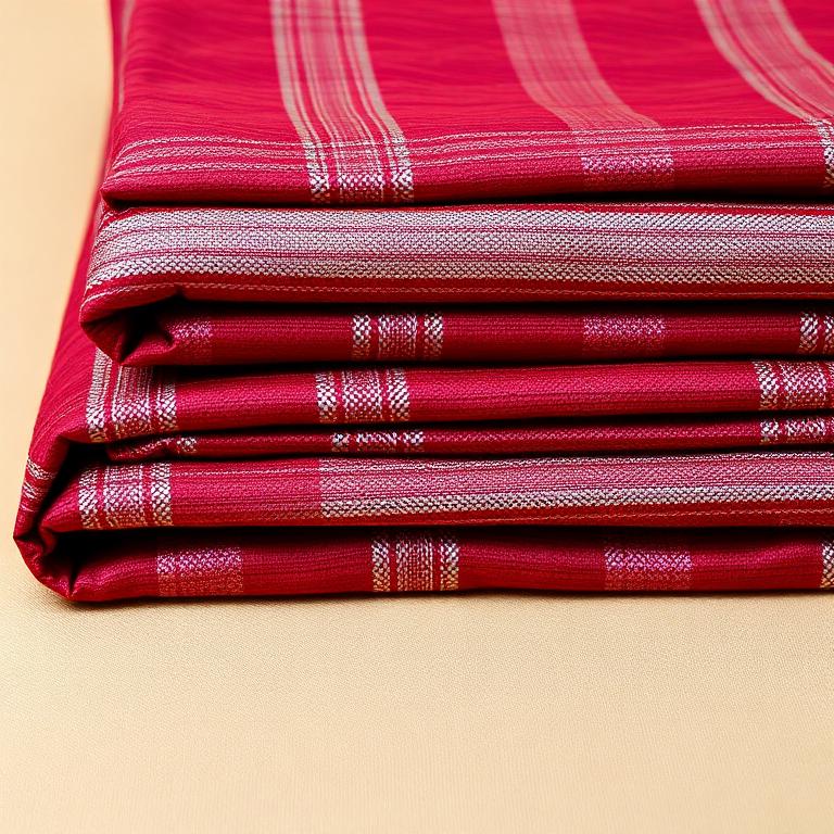 Folded coral red aso oke woven fabric with silver stripes