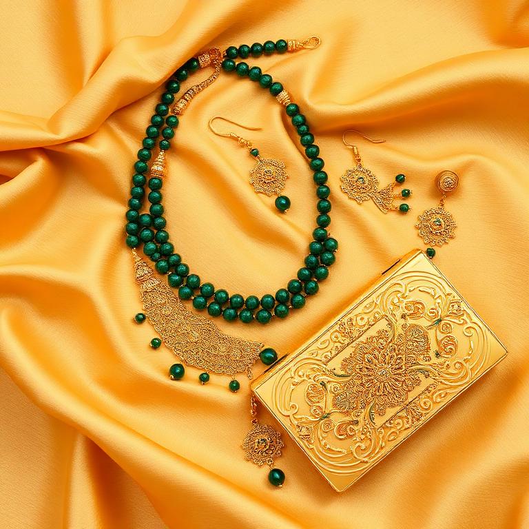 Emerald green beaded necklace set with gold clutch on gold silk