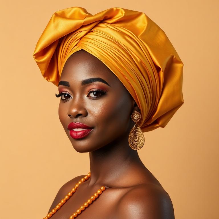 Woman wearing a champagne gold silk gele headwrap
