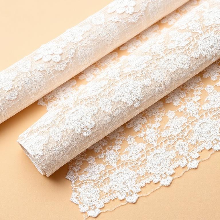 Rolls of ivory white chantilly lace fabric with floral embroidery
