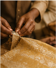 Hands weaving gold Nigerian aso oke fabric